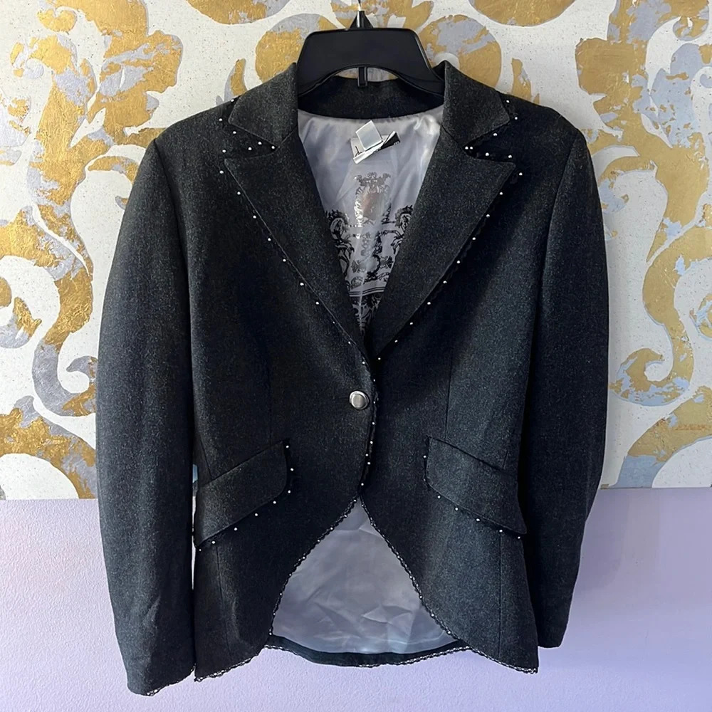 Joseph Ribhoff Size 6 Vintage Charcoal Gray Lace Gem Detail‎ Blazer